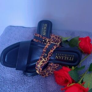 Italian Shoemakers Black and Animal Print Sandals